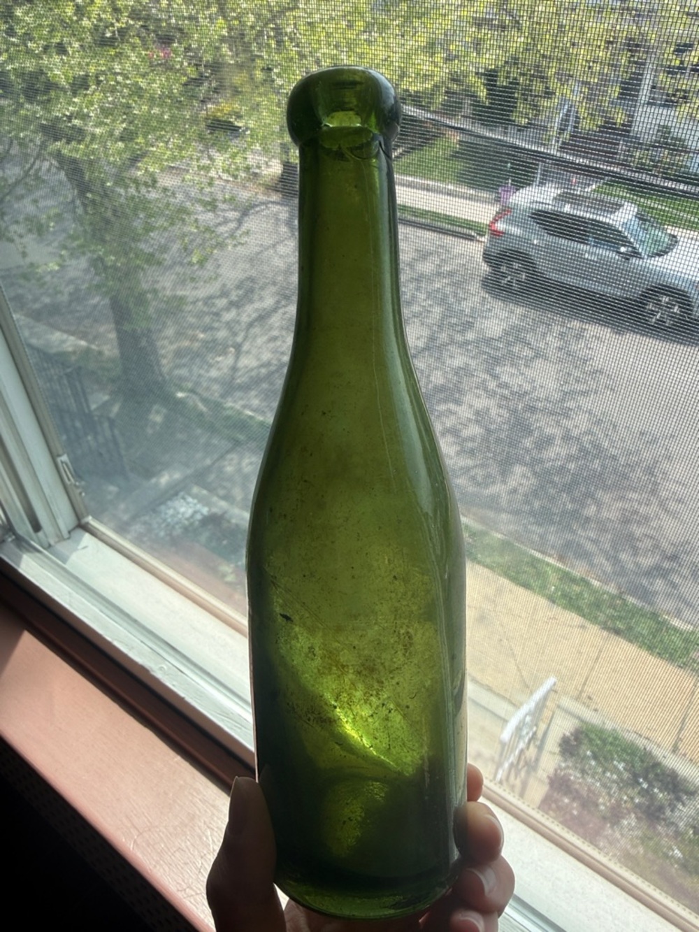 Antique Vintage Olive Green Glass Blobtop Bottle